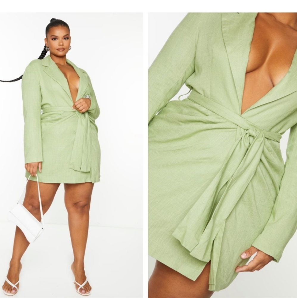 PrettyLittleThing Olive Linen Look Tie Blazer Dress Nwt 22